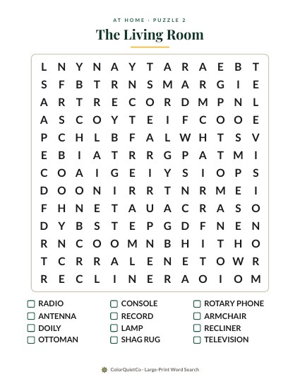 A large-print word search called The Living Room